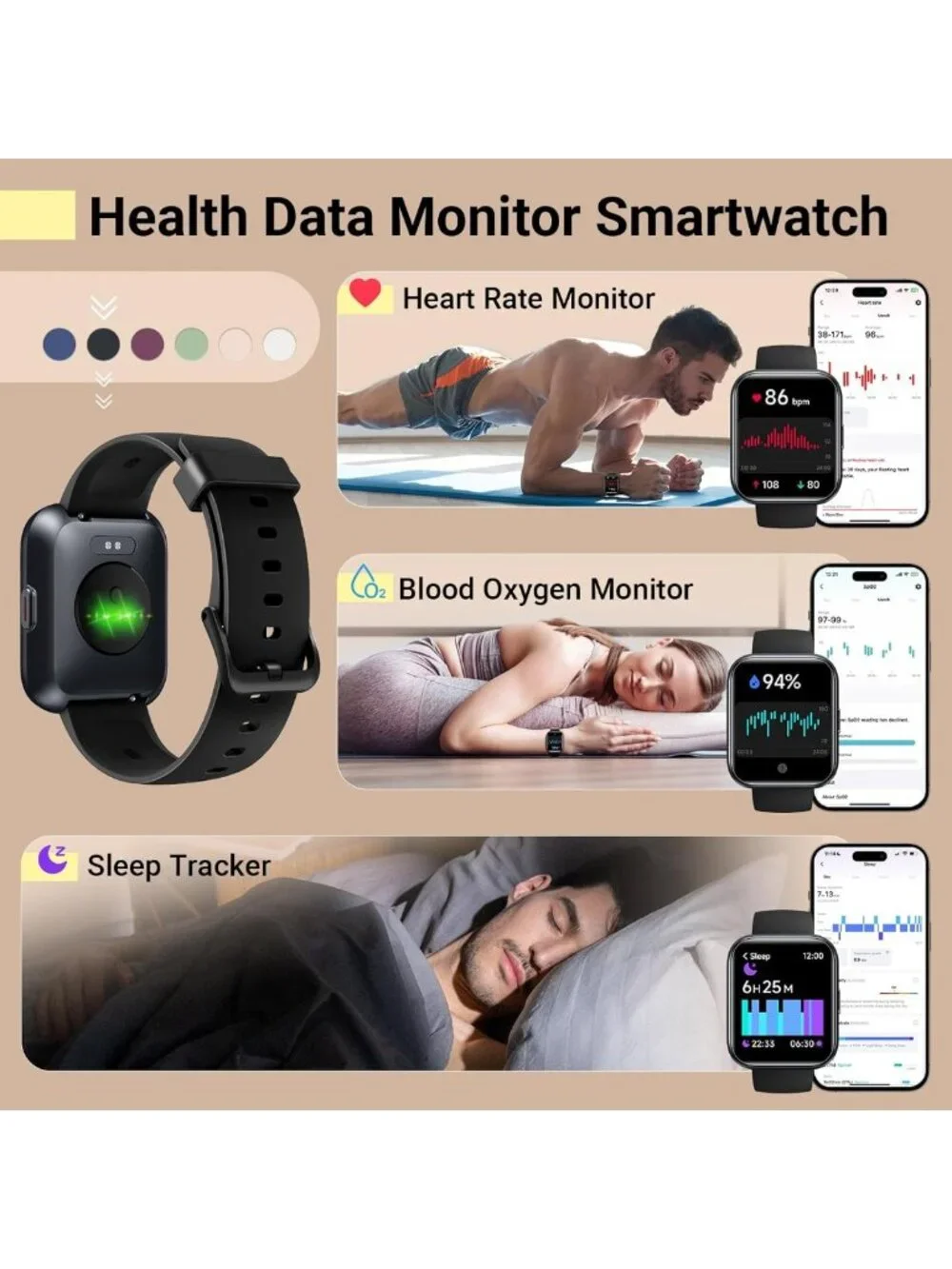 Stylish 1.8'' Fitness Tracker Smartwatch for All, Waterproof, Heart Rate